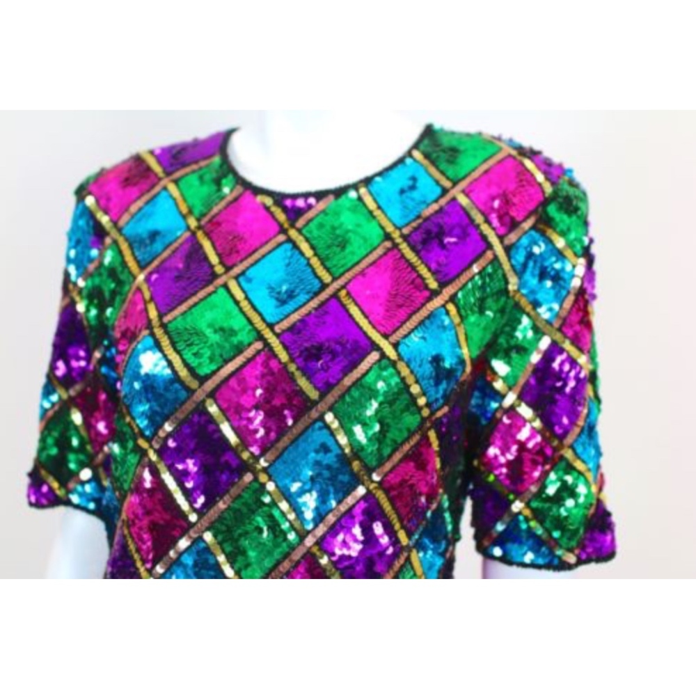 Vintage Sequin Dress Colorful Beaded 80s Prom M - Picture 4 of 6